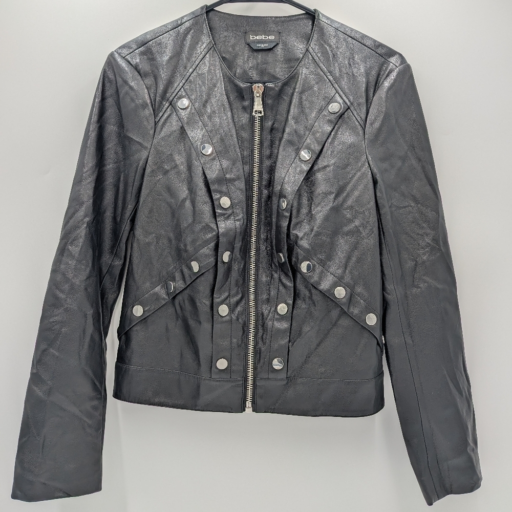 Bebe Metallic Faux Leather Moto jacket Black XS Full Zip Rocker Chic Edgy Glam